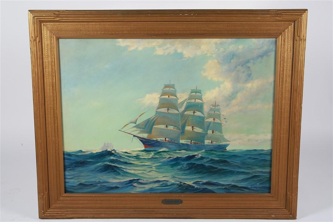 William Gourley (American), "Fair Weather": William Gourley (American, 20th C.). "Fair Weather". Oil on canvas, 1926. Sight: 39 1/2" x 29 1/2". Frame: 39 3/4" x 50". Oil on canvas painting of a ship at sea with another ship in the distance. Pai