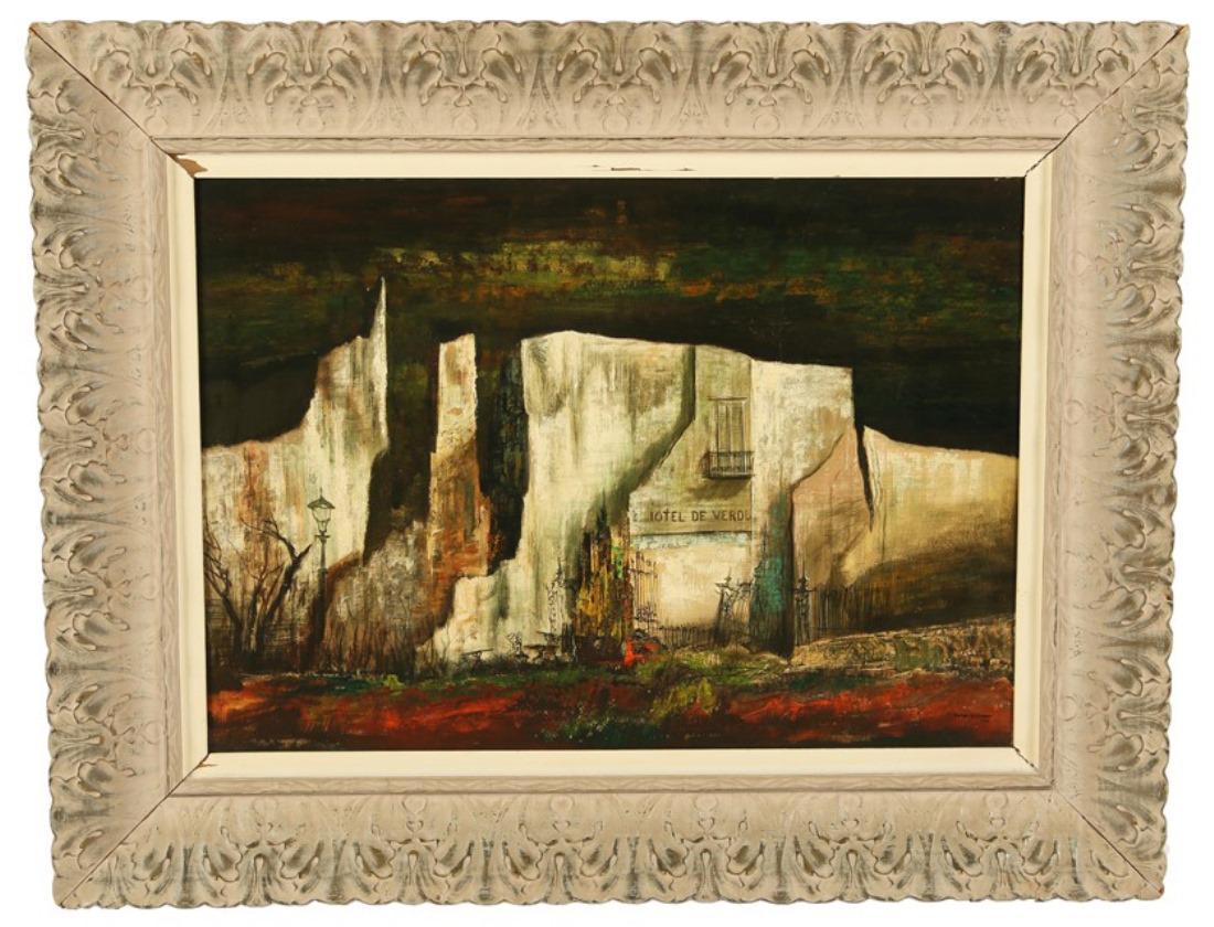 Raphael Gleitsman (American), 1948 Oil on Panel: Raphael Gleitsman (American). Oil on board/panel, 1948. Sight: 19” x 27”. Frame: 28 3/4” x 36 3/4”. Oil on board depiction of a stylized abandoned hotel in a dark landscape. Si
