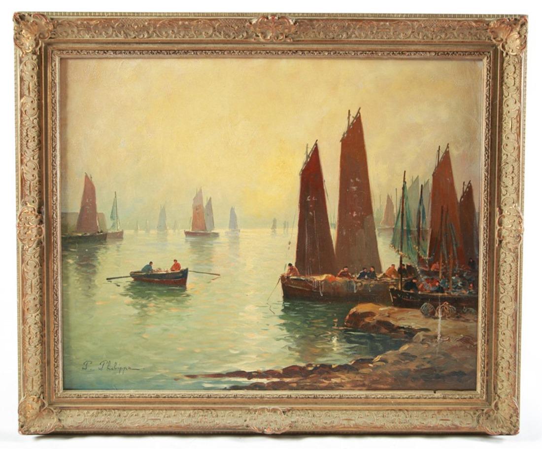 Paul Philippe, Oil on Canvas Harbor Scene: Paul Philippe (French, 1870-1930). Oil on canvas. Sight: 24" x 29 1/2". Frame: 29 3/4" x 35 1/2". Oil on canvas harbor scene by French artist Paul Philippe. Signed lower left. Provenance: From the col