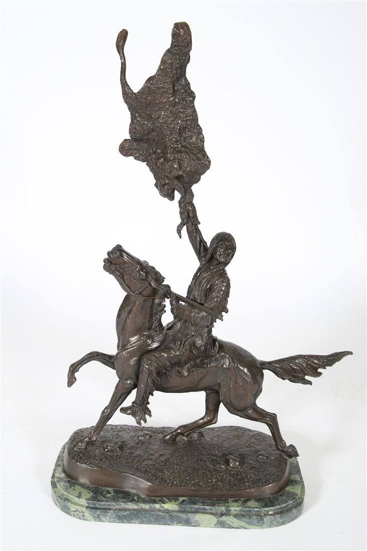 After Frederic Remington, "Buffalo Signal" Bronze: After Frederic Remington (American, 1861-1909). "Buffalo Signal". Bronze. Height: 37", Length: 22", Depth: 10 1/2". Cast after Frederic Remington "Buffalo Signal" bronze. On green marble base. Marked 