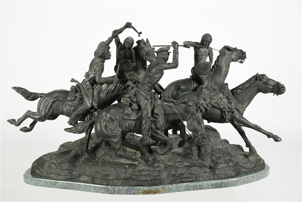After Remington, "Old Dragoons" Bronze Sculpture: After Frederic Remington (American, 1861-1909). "Old Dragoons". Bronze with marble base. Height: 28" approx., Length: 48" approx., Depth: 21" approx. All measurements include the marble base. After Fr