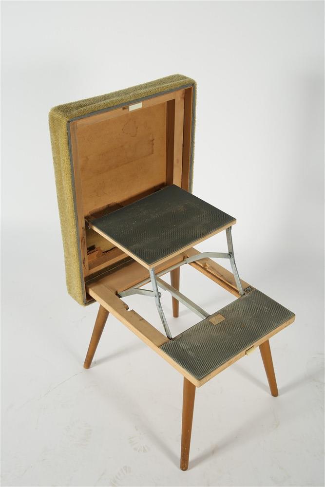 Cor, Step Stool Convertible Ottoman: Cor (German). Wood, upholstery, metal. c. 1950s-60s. Height: 15 1/4", Length: 22 1/4", Depth: 16". Ottoman by Cor that converts from a footstool to a step stool. Green textured upholstery, wood tapere