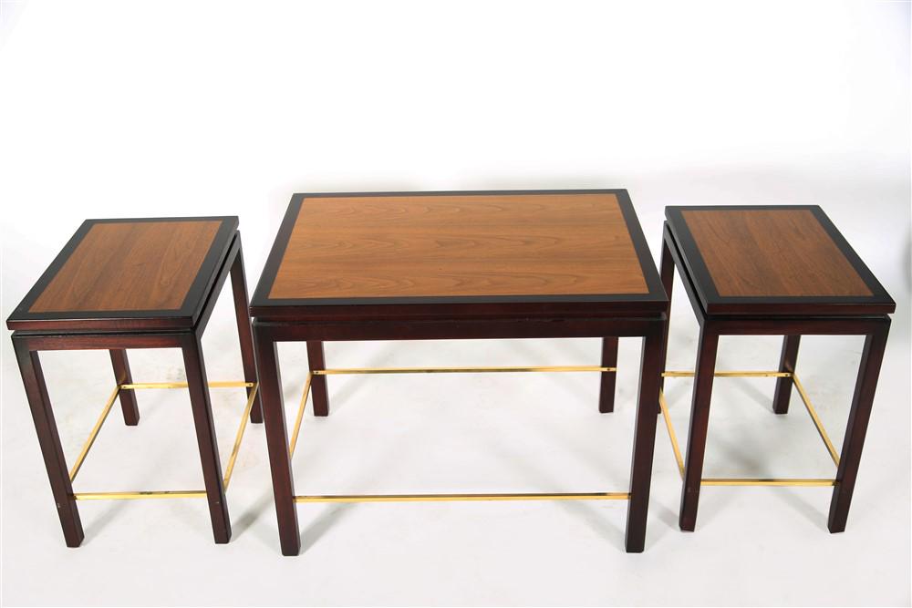 Edward Wormley for Dunbar, Nesting Tables: Edward Wormley (American, 1907-1995). Wood, brass. c. mid-20th century. For Dunbar. Tallest: Height: 22 1/4", Length: 28 1/8", Depth: 20". Two nesting tables: Height: 20 3/4", Length: 17 1/2", Depth: 