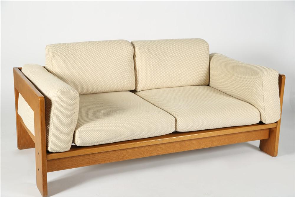 Tobia Scarpa for Knoll, "Bastiano" Settee: Tobia Scarpa "Bastiano" settee. Oak, upholstery. c. 1960s. Frame: Height: 21 1/4", Length: 59 1/2", Depth: 30". Tobia Scarpa for Knoll International "Bastiano" settee/loveseat. Oak frame with textured