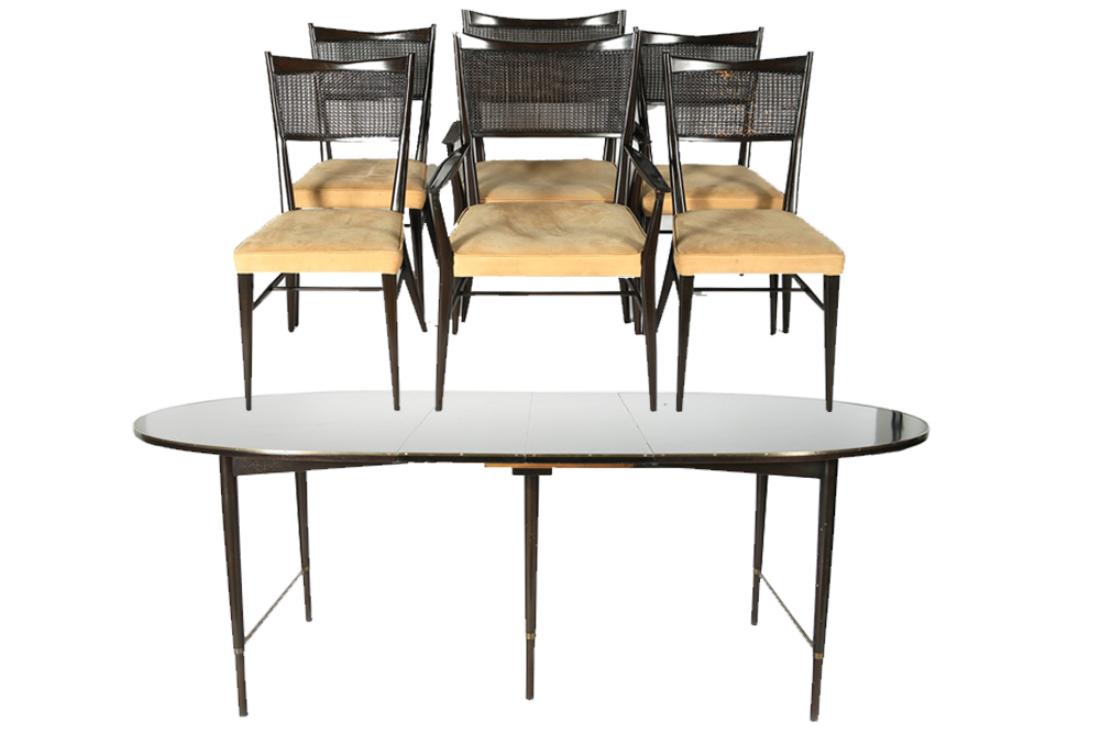 Paul McCobb, Connoisseur Collection Dining Set: Paul McCobb (American, 1917-1969). Dining set from The Connoisseur Collection. Wood, brass, cane. c. 1950s. For H. Sacks & Sons. Table Height: 29", Length (no leaves): 62 1/4", Depth: 41 1/4". Leaves: