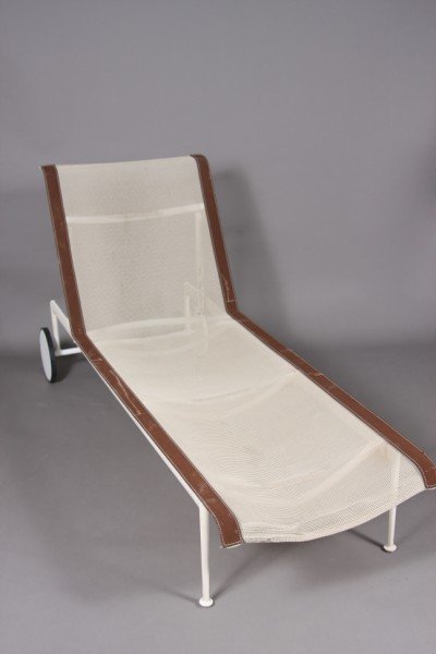 Knoll Lounge Chair, Designed by Richard Schultz for: With mesh having brown leather border on a white painted metal frame. L: 78". Condition: Some wear to white finish, scratches on brown leather. Missing black rubber ring on 1 wheel.