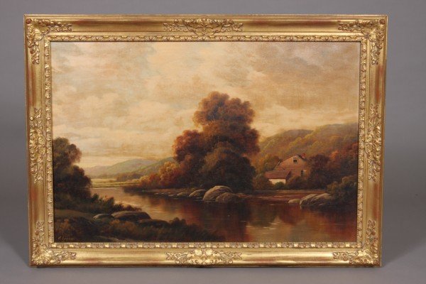 Spencer, Augustus; Lake Landscape with a Cottage, O: Signed lower left. Painting: 24" x 36". Frame: 92" x 41". Condition: Wear to frame corners.