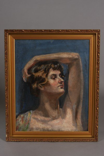 Conwell, Fritz; Portrait of a Young Woman, 20th Ce: Oil on artist board, inscribed and located Connersville, Indiana, on reverse and dated "11-30-58". Dimensions: Painting: 20" x 16" Frame: 23 1/2" x 19 1/2".
