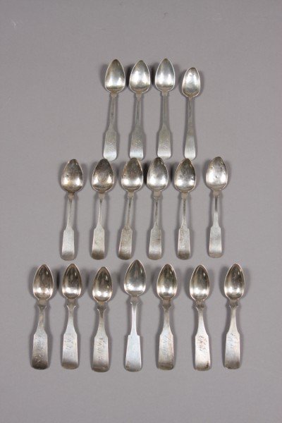 Group of 17 Coin Silver Tea Spoons, American, earl: Most engraved. Makers include: Lewis & Smith, J. Sargeant, E. Cook and W.M. c. Grew. 1 troy ounce. Condition: Several dented and bent bowls.