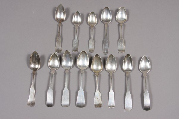 Group of 13 Coin Silver Table Spoons, American, Ea