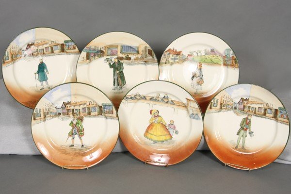 Six Royal Doulton Pottery Dickens Ware Service Pla: Including "Little Nell", "Mr. Squeers", "Mrs. Bardell", "Mr. Micawber", "Barnaby Rudge", and "Tom Pinck". D: 10 1/4". Condition: Overall crazing.