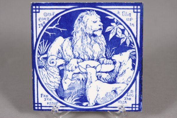 Minton Tile; The Goat, Calf & Sheep in Partnership: 6" x 6". Depicting image from Aesop's fables. Condition: Good with some wear to edges.