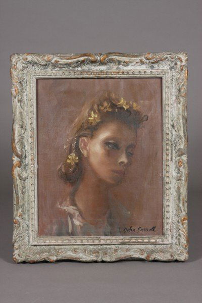 John Wesley Carroll, (American, 1892-1959), Portra: Oil on canvas, signed lower right. Dimensions: Image: 20 1/2" x 16" Frame: 26" x 21 1/2" Condition: Paint Loss Center Of Image.