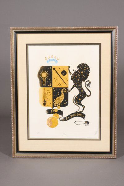 Erte, French, 20th C., "Leo" Lithograph: Signed lower right, titled center and numbered "AP 32 /35" lower left. Dimensions: Image: 19" x 13 1/2" Frame: 31" x 24 3/4"