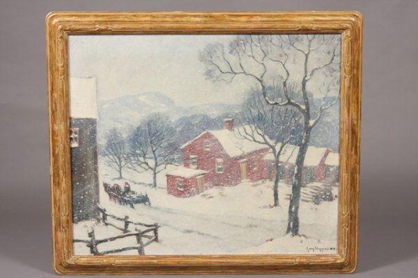 Guy Carleton Wiggins, American, 1883-1962: "New England Farm in Winter" Oil on Canvas, Signed lower right. Inscribed and titled on reverse. Dimensions: Canvas: 25" x 30" Frame: 29 1/2" x 34 1/2"