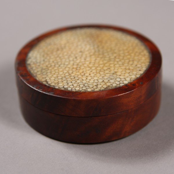Burl and Shagreen Snuff Box, Continental, 19th Cen: Continental, 19th century. Round form. Diameter: 2 1/4"