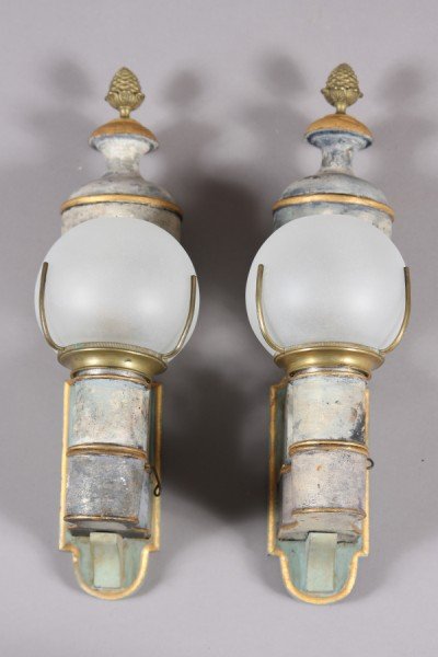 Pair Neo-Classical Tole Oil Sconces, French, 19th: French, 19th century. In the form of grey painted baluster urns with gilt banding above a bracket oil lamp with globular glass shades. Fitted for electricity and mounted on a later wood back plate. Co