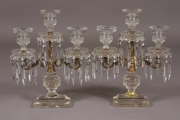 Pair Cut Crystal & Brass Mounted Candelabra, Conti