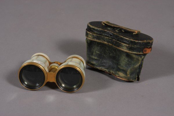 Pair Mother of Pearl & Gilt Brass Mounted Opera Gl: Opera glasses, French, early 20th century. The eye pieces engraved "M.W. Galt Bro. & Co. Washington" In a fitted leather case. Dimensions: H: 2 5/8" L: 4 3/8" Condition: Leather case is badly worn.