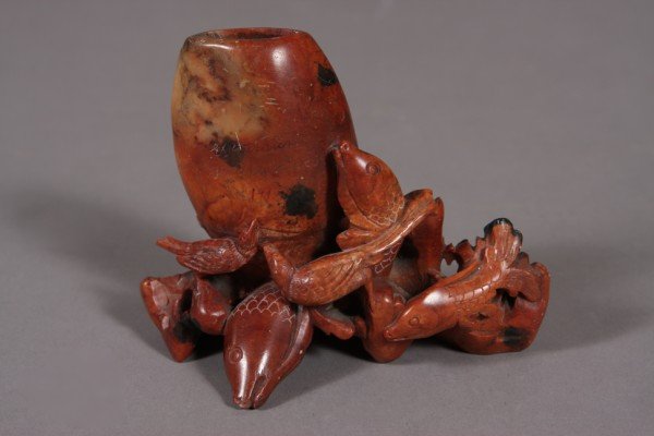 Carved Soapstone Vase, Chinese, 20th C., Height: 4: Chinese, 20th century. Ovoid vase raised on fish and Two (2) birds. Height: 4" Condition: Imperfections to the back of the stone.
