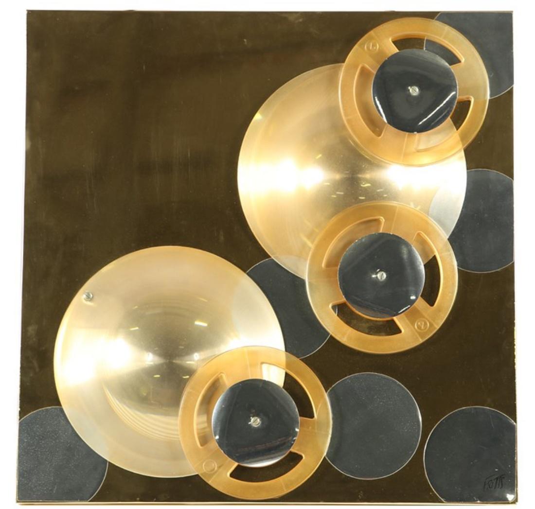 Ron Fritts (American), 1980s Mylar Assemblage: Mylar assemblage. c. 1980s. 23” x 23”. Reflective Mylar assemblage by American artist Ron Fritts. With two attached tags from RF Studios Inc. signed in marker lower right.