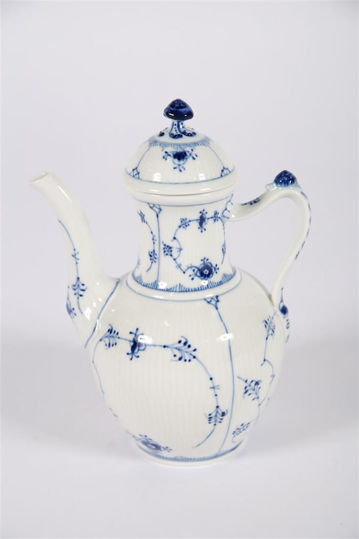 Royal Copenhagen, Blue Fluted Plain Coffee Pot: Royal Copenhagen (Danish, est. 1755). "Blue Fluted Plain" pattern. Designed by Arnold Krog. Model # 48. Height: 9 3/4", Length: 7 1/4", Depth: 4 3/4". Royal Copenhagen coffee pot with lid in the Blue