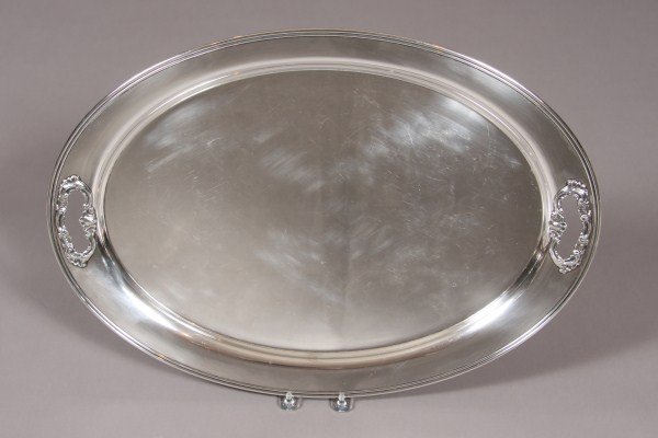 Gorham Sterling Silver Oval Tea Tray, American, 20: American, 20th century. With threaded rim and cut out scroll decorated handles. Length: 22" Approximately 20 troy ounces. Condition: Appears fine.