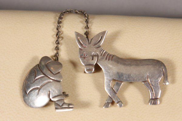 Mexican Silver Donkey Pin, with Sleeping Man, Heig