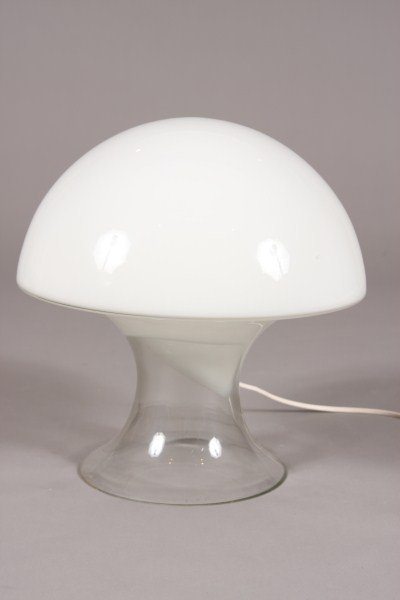 Mid-Century White-Shading -To-Clear Glass Mushroom: White-shading-to-clear glass mushroom form table lamp. American, 20th century. With domed shade on flaring base. Height: 14" Condition: Appears fine.
