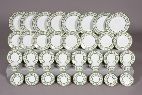 Richard Ginori Porcelain Dinner Service, Italian, : Italian, 20th century. In the "Ercolano" pattern. With green and gilt banding of palmettes. 39 pieces including: 8 dinner plates, 8 salad plates, 8 bread and butter plates, 7 coffee cups and 8 saucers