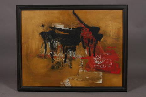 Hanna Stiebel, Detroit, Born 1927, Abstract Compos: Abstract composition in black, red and gold. Oil on canvas, unsigned. Dimensions: 29 3/4" x 38 1/2"