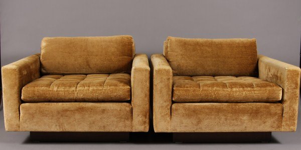 Pair Mid-Century Upholstered Arm Chairs, Harvey Pr: Designed by Harvey Probber, mid 20th century. Square form with gold velvet upholstery and square upholstered loose cushion seat. Condition: The upholstery is badly worn overall. Missing nap along back