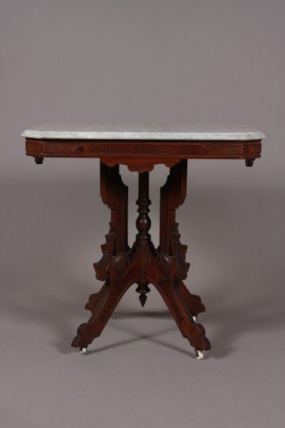 Victorian Side Table with Marble Top, American, La: American, late 19th/ early 20th century. With paper label: "From John M. Miller Manufacturers". Dimensions: H: 29" W: 20" D: 22" Condition: Appears fine. Marble top may not be original.