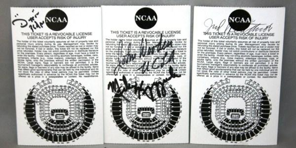 Set of 3 NCAA Final Four Autographed Ticket Stubs: Signed by John Wooden, Coach "K", Jud Heathcote and Digger Phelps.
