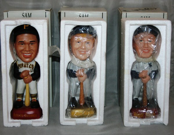 3 Sam Bobbing Head Dolls in Original Boxes: From the Copperstown Collection. Includes: Roberto Clemente, Mickey Mantle and Roger Maris.