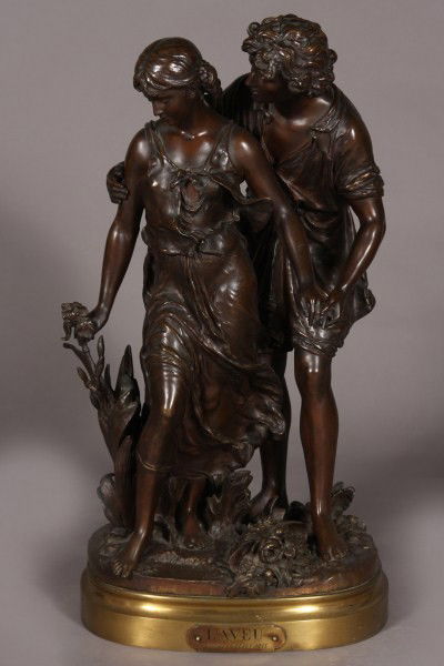 After Hippolyte Moreau (Am. & French, 1832-1927) "L: Titled "L'Aveu", Bronze. The base with a plaque titled and inscribed "Salon des Beaux-Arts", Height 27". Condition: Appears fine.