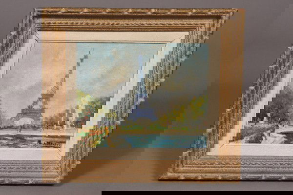 Andre Franchet, French B.1896-, "La Tour Eiffel et: 1896-1961. Oil on canvas titled "La Tour Eiffel et Lew Jardin du Champ de Mars". Signed lower right. Dimensions: 8 1/2" x 10 1/2". Condition: Appears fine.