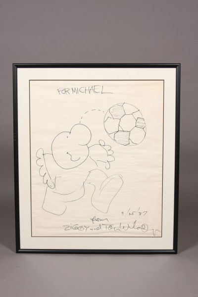 Tom Wilson (American, 20th C.), Ziggy Cartoon, Mark: Inscribed "For Michael From Ziggy and Tom Wilson". Dated "9/25/87". Dimensions: 30 1/2" x 25 3/4". Condition: The paper is wrinkled.