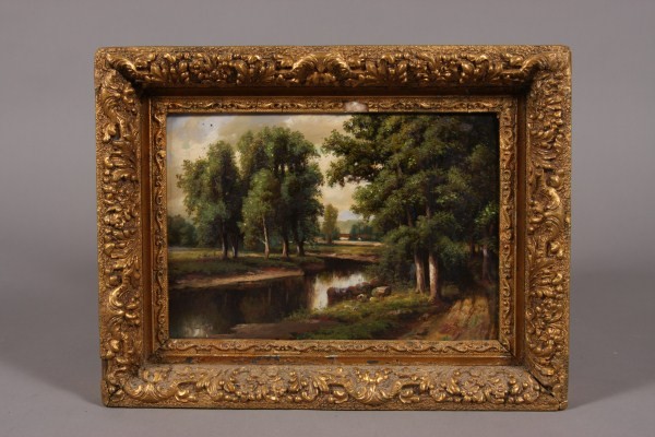 Peter Hanson, (1821-1887), Stream in Landscape, Oi: Born in Denmark but worked in America. Stream in Landscape, oil on artist board. Signed "PH" lower right. Dimensions: 8 5/8" x 12" Condition: With holes through the board at all Four (4) corners.