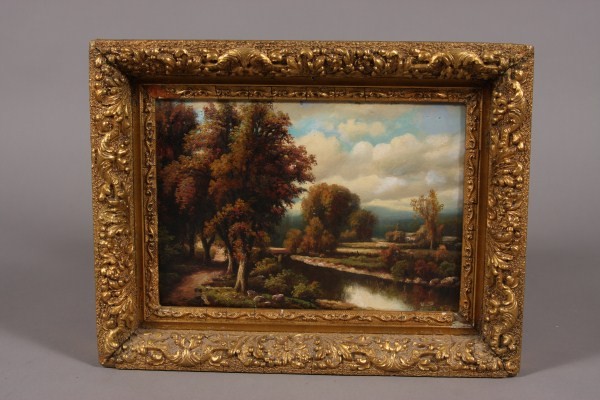 Peter Hanson, (1821-1887), Stream in Landscape, Oi: Born in Denmark, worked in America. Stream in landscape oil on artist board. Signed "PH" lower right. Dimensions: 8 5/8" x 12" Condition: With holes through the board at Four (4) corners. Needs to be 
