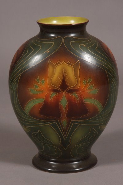 Royal Bonn Ceramic Vase, German, Early 20th Centur: With stylized iris decoration. H 13 3/4". Condition: Imperfection in the glaze on the rim.