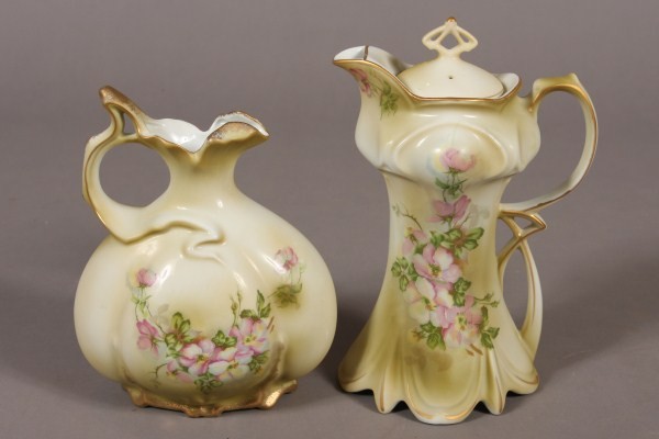 Nippon Porcelain Chocolate Pot, Japanese, 20th Cen: Together with a pitcher. Decorated with floral blossoms. H 10". Condition: Appear fine.
