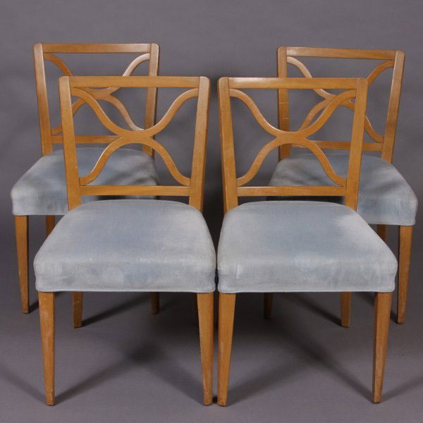 John Widdicomb & Company Blond Wood Dining Table an: American, 20th century. Drop leaf table with Three (3) leaves and Four (4) chairs. Table H 29"; W 40"; D 26". Drop leaf 16 1/2"; each leaf 14". Condition: The table base is scuffed. The legs of the ch