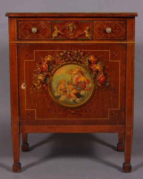 Edwardian Style Painted Cabinet, American, 20th Cen: Decorated with neo-classical figural reserve. H 35"; W 27"; D 18". Condition: Missing the pull, the top has been over painted.