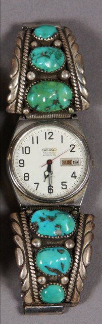 Men's Seiko Watch, With Turquoise & Sterling Tips: Signed "RLB Sterling", W 1 1/4"; L 1 1/2", with Six (6) stones. Condition: Working condition of watch unknown, sold as is.