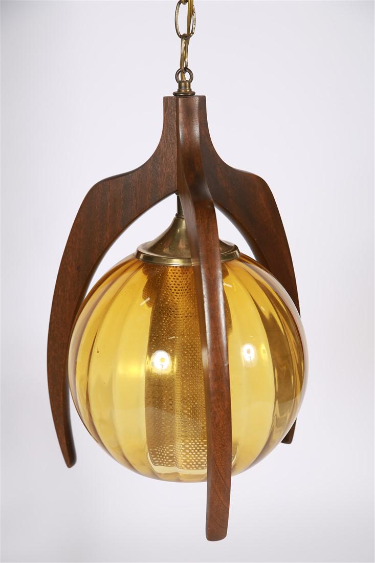 Walnut and Amber Glass Pendant Lamp (1 of 3)