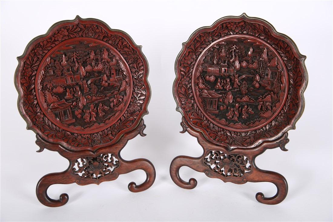 Pair of Chinese Carved Cinnabar Style Discs (1 of 5)