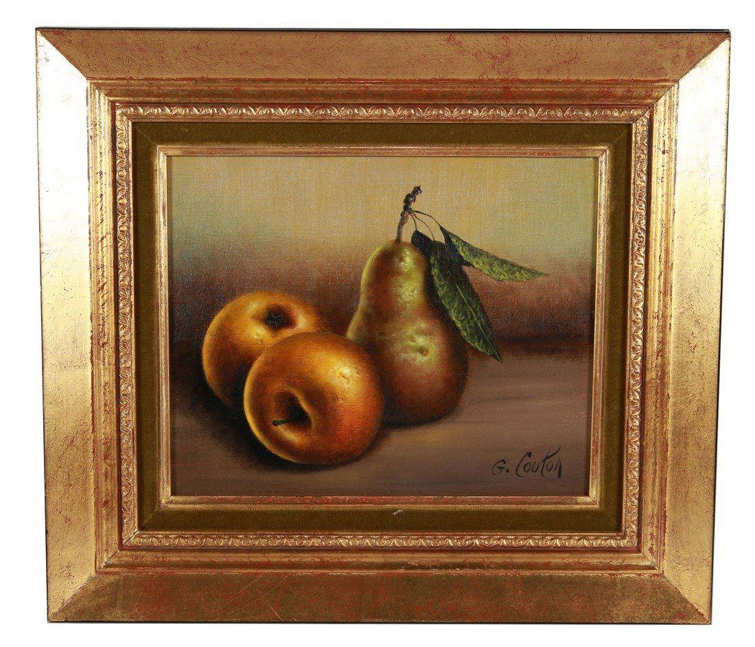 Georges Coulon, "Still Life with Pear and Apples": Georges Coulon (French, 1914-1990). "Still Life with Pear and Apples". Oil on canvas. Sight: 8 1/4" x 10 1/4". Frame: 14 1/4" x 16 1/4". Depiction of a single pear flanked by two apples by French arti