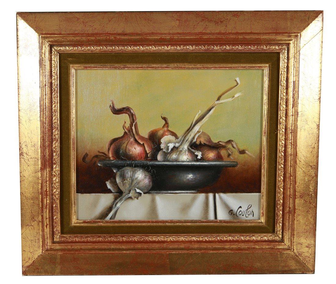 Georges Coulon, "Still Life w Onions and Garlic": Georges Coulon (French, 1914-1990). "Still Life with Onions and Garlic". Oil on canvas. Sight: 8 1/4" x 10 1/4". Frame: 14 1/4" x 16 1/4". Still life by French artist Georges Coulon depicting a bowl f