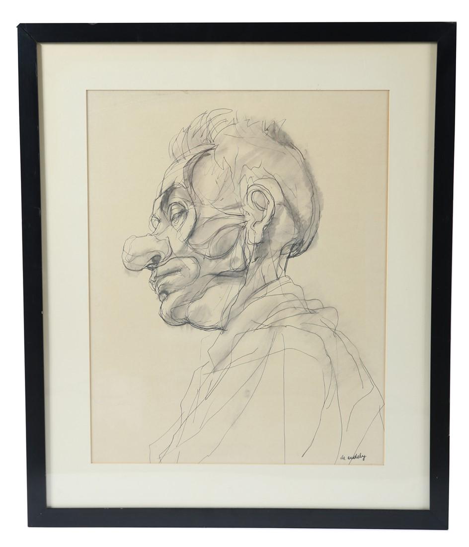 Francis de Erdely (Hungarian), Ink Portrait: Francis de Erdely (Hungarian, 1904-1959). Ink on paper. Sight:19” x 14 3/4”. Frame: 25 1/2” x 21 1/2”. Ink on paper portrait of a man by Francis de Erdely. Signed "de erdely" l